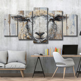 Sheep Painted On Wood Background Rustic Art, Multi Panel Canvas Print Wall Art Decor, 5 Mixed Panel