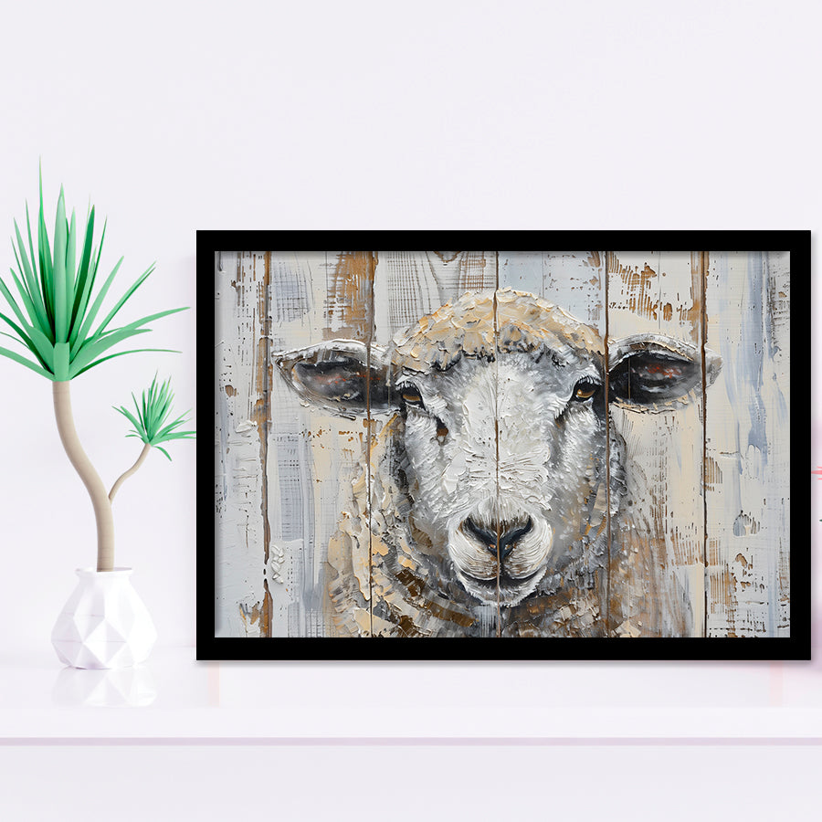 Sheep Painted On Wood Background Rustic Art, Framed Art Print Wall Decor, Framed Picture