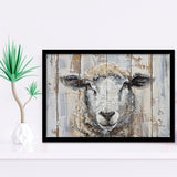 Sheep Painted On Wood Background Rustic Art, Framed Art Print Wall Decor, Framed Picture