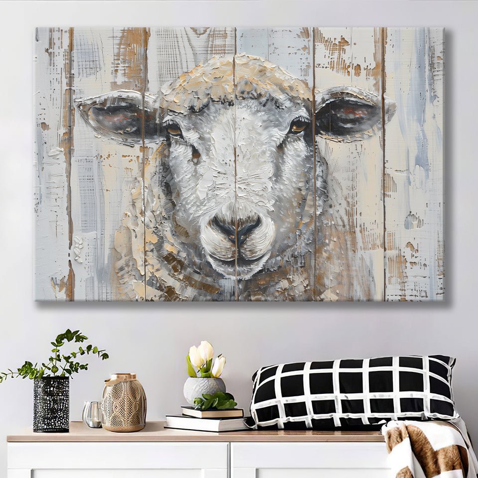 Sheep Painted On Wood Background Rustic Art, Canvas Print Wall Art Decor, Landscape Art Print