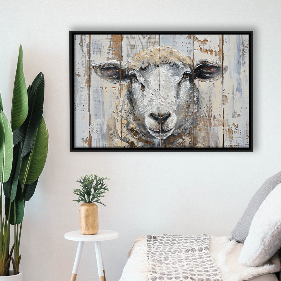 Sheep Painted On Wood Background Rustic Art, Framed Canvas Print Wall Art Decor,Floating Frame