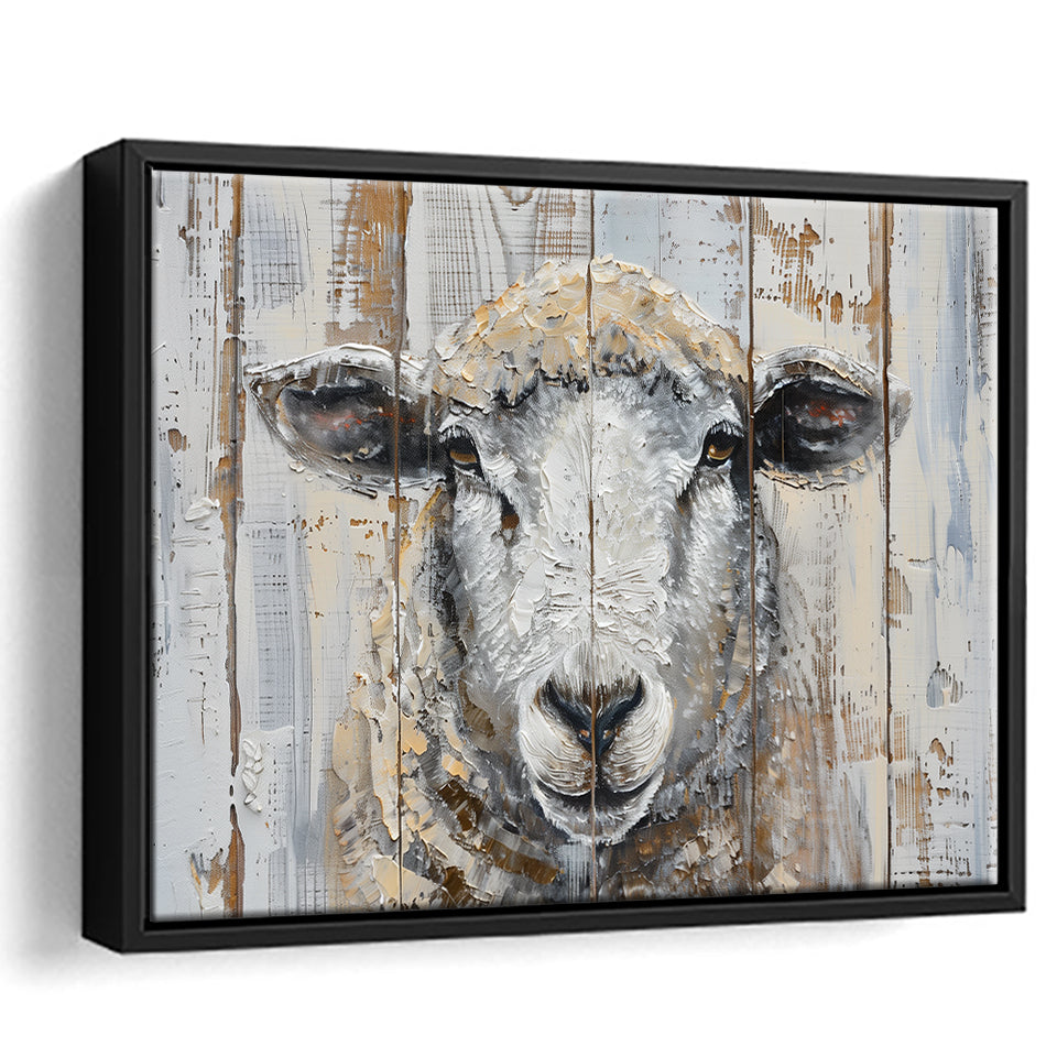 Sheep Painted On Wood Background Rustic Art, Framed Canvas Print Wall Art Decor,Floating Frame