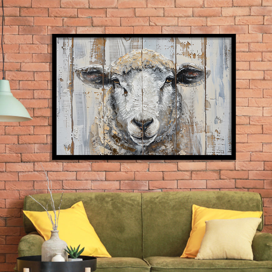 Sheep Painted On Wood Background Rustic Art, Framed Art Print Wall Decor, Framed Picture