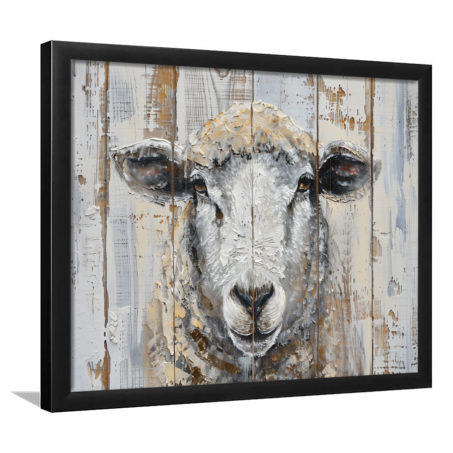 Sheep Painted On Wood Background Rustic Art, Framed Art Print Wall Decor, Framed Picture