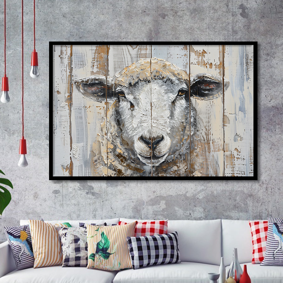 Sheep Painted On Wood Background Rustic Art, Framed Art Print Wall Decor, Framed Picture