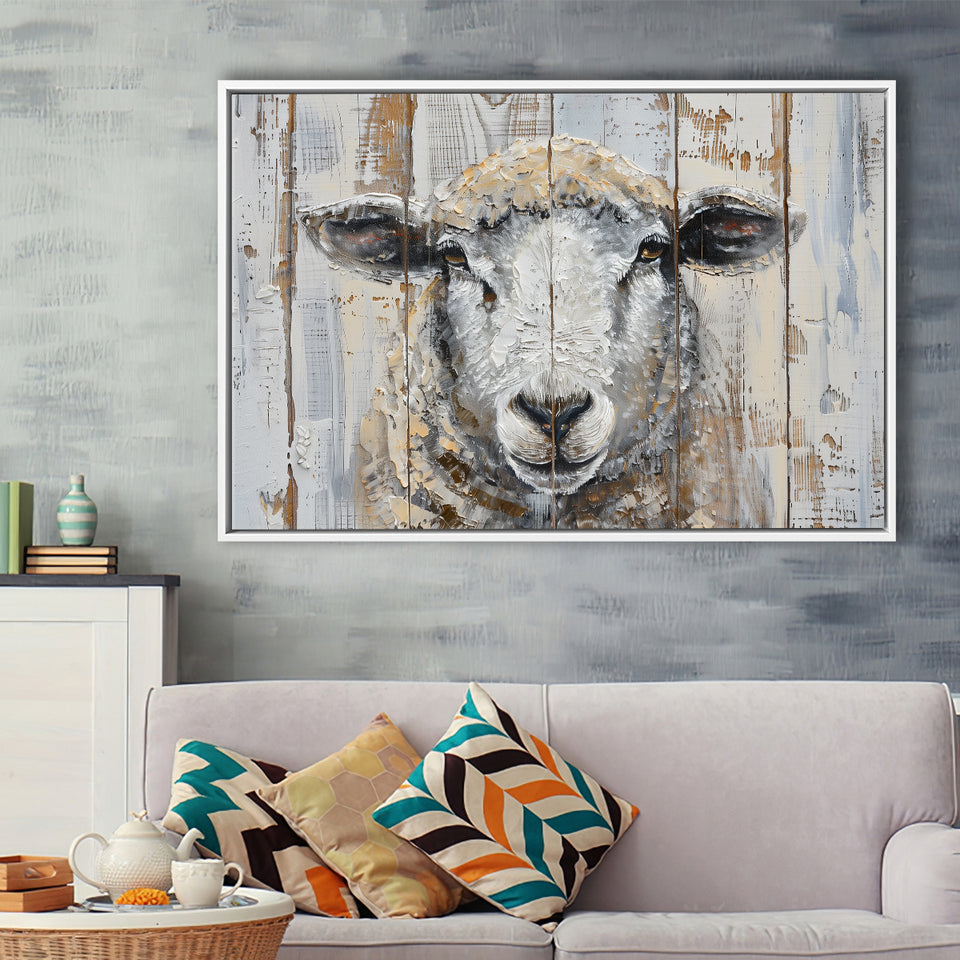 Sheep Painted On Wood Background Rustic Art, Framed Canvas Print Wall Art Decor,Floating Frame