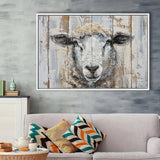 Sheep Painted On Wood Background Rustic Art, Framed Canvas Print Wall Art Decor,Floating Frame