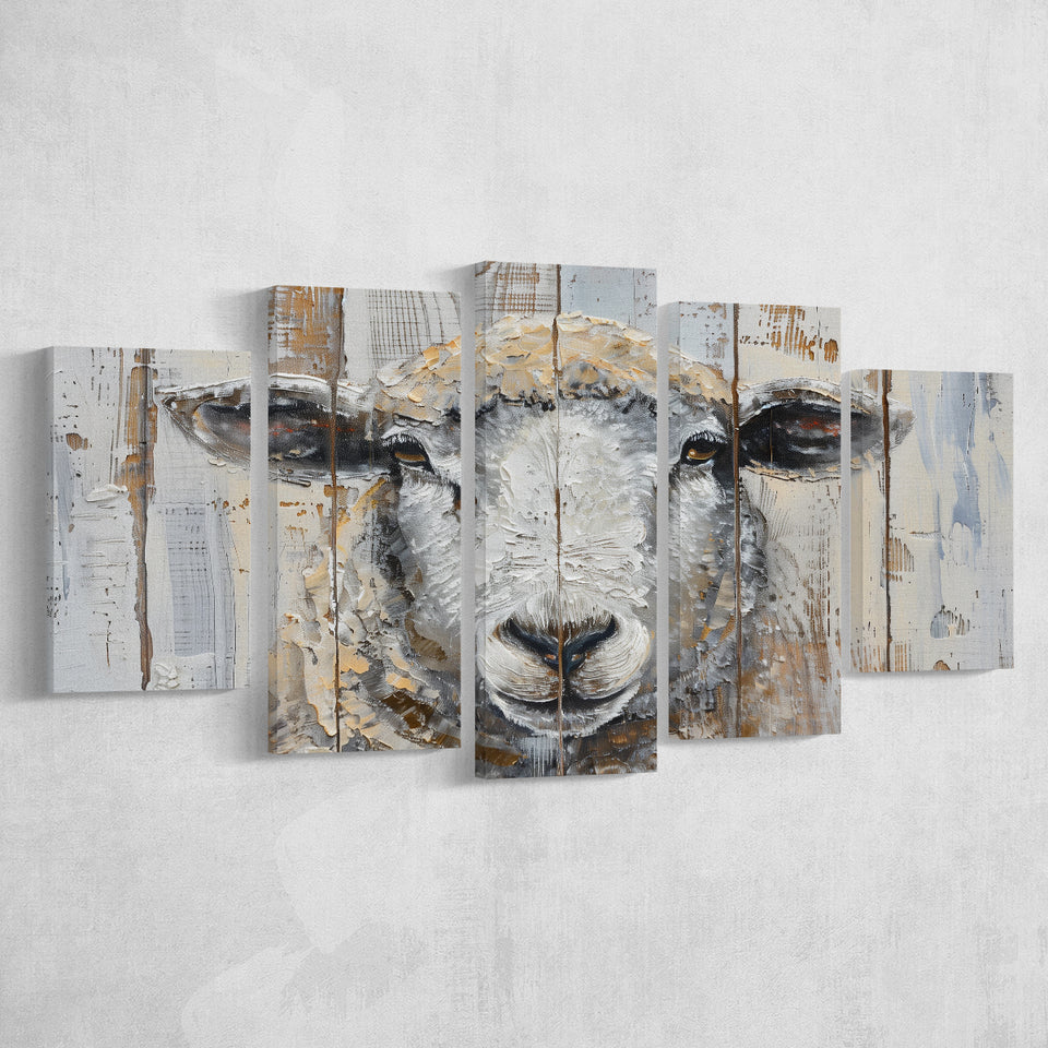 Sheep Painted On Wood Background Rustic Art, Multi Panel Canvas Print Wall Art Decor, 5 Mixed Panel