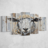 Sheep Painted On Wood Background Rustic Art, Multi Panel Canvas Print Wall Art Decor, 5 Mixed Panel