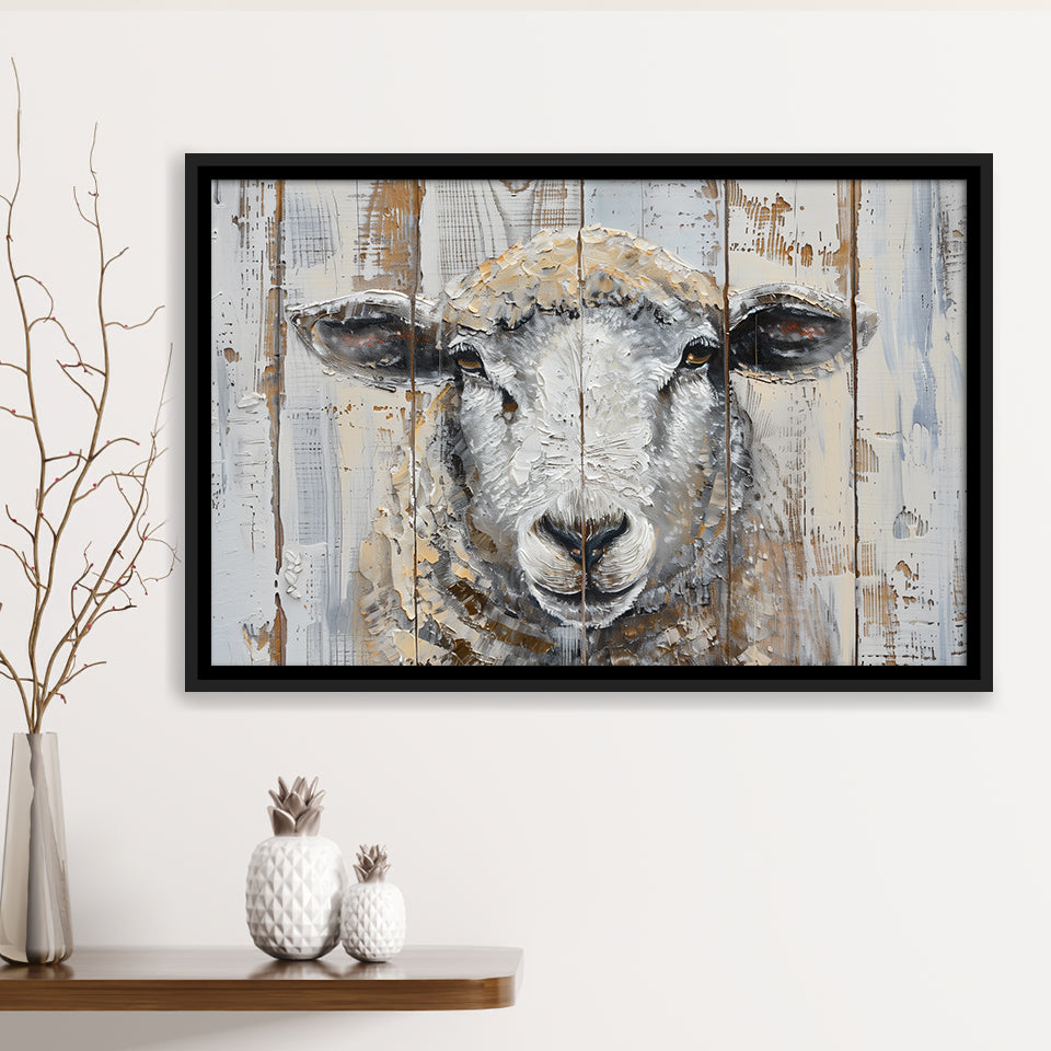 Sheep Painted On Wood Background Rustic Art, Framed Canvas Print Wall Art Decor,Floating Frame
