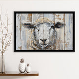Sheep Painted On Wood Background Rustic Art, Framed Canvas Print Wall Art Decor,Floating Frame
