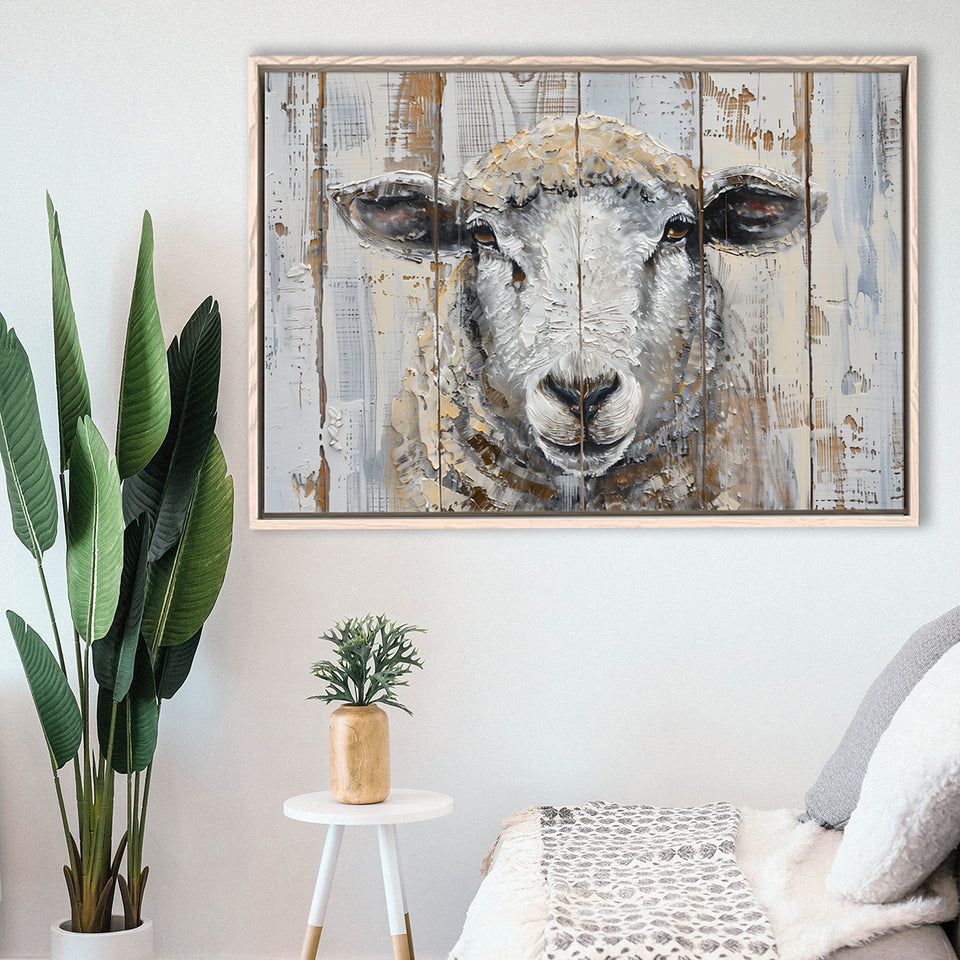 Sheep Painted On Wood Background Rustic Art, Framed Canvas Print Wall Art Decor,Floating Frame