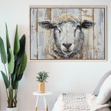 Sheep Painted On Wood Background Rustic Art, Framed Canvas Print Wall Art Decor,Floating Frame