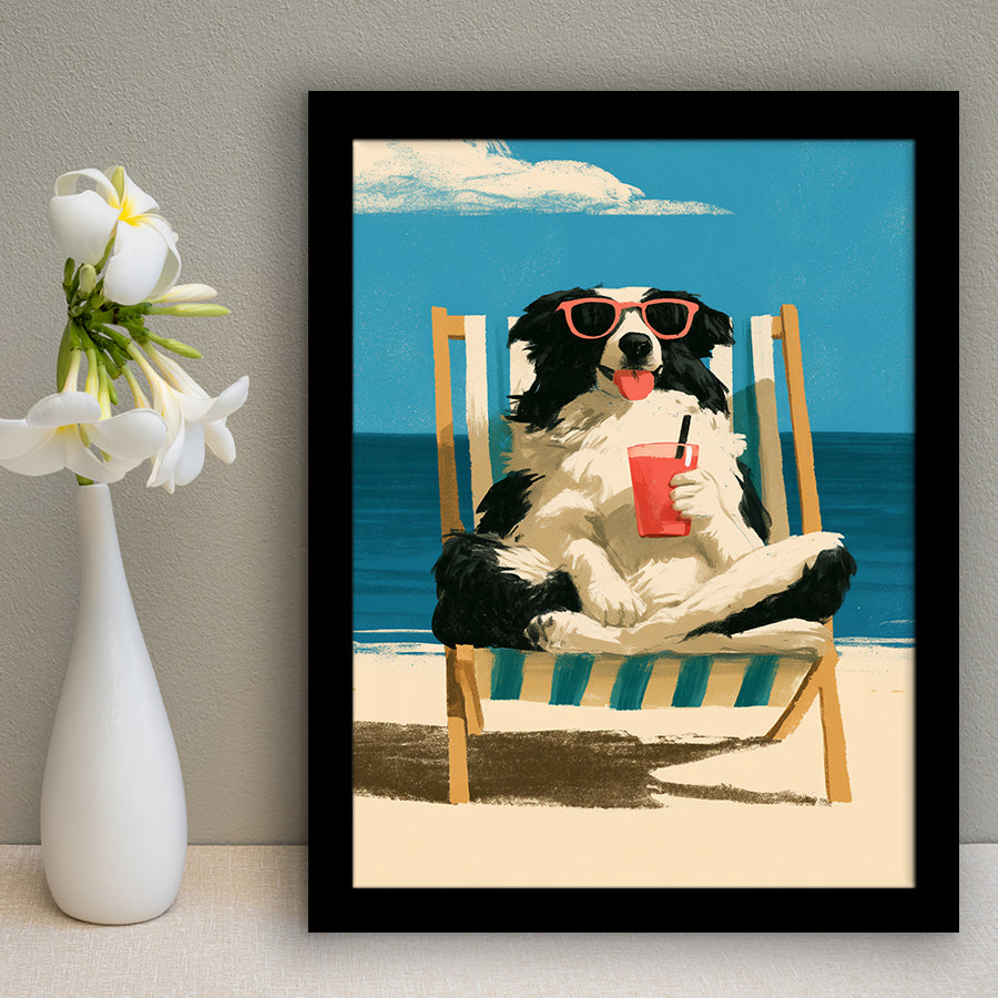 Sheepdog Funny Art, Relax Summer Time Painting, Pet Lover Painting, Framed Art Print, Fine Art Wall Decor