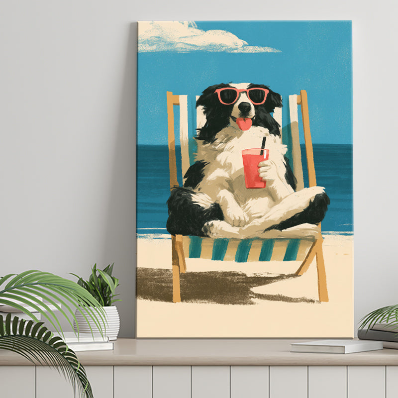Sheepdog Funny Art, Relax Summer Time Painting, Pet Lover Painting, Canvas Print Wall Art, Wall Decor