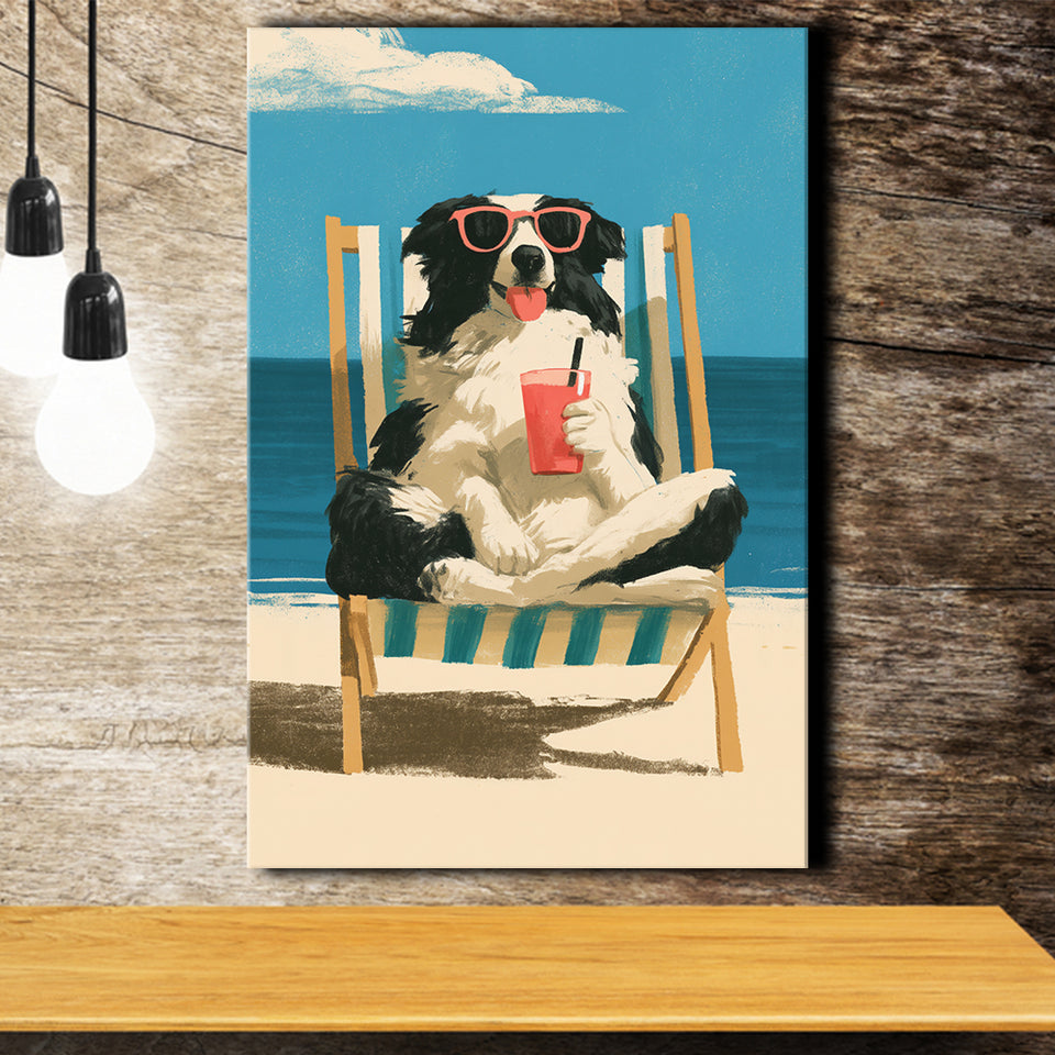 Sheepdog Funny Art, Relax Summer Time Painting, Pet Lover Painting, Canvas Print Wall Art, Wall Decor