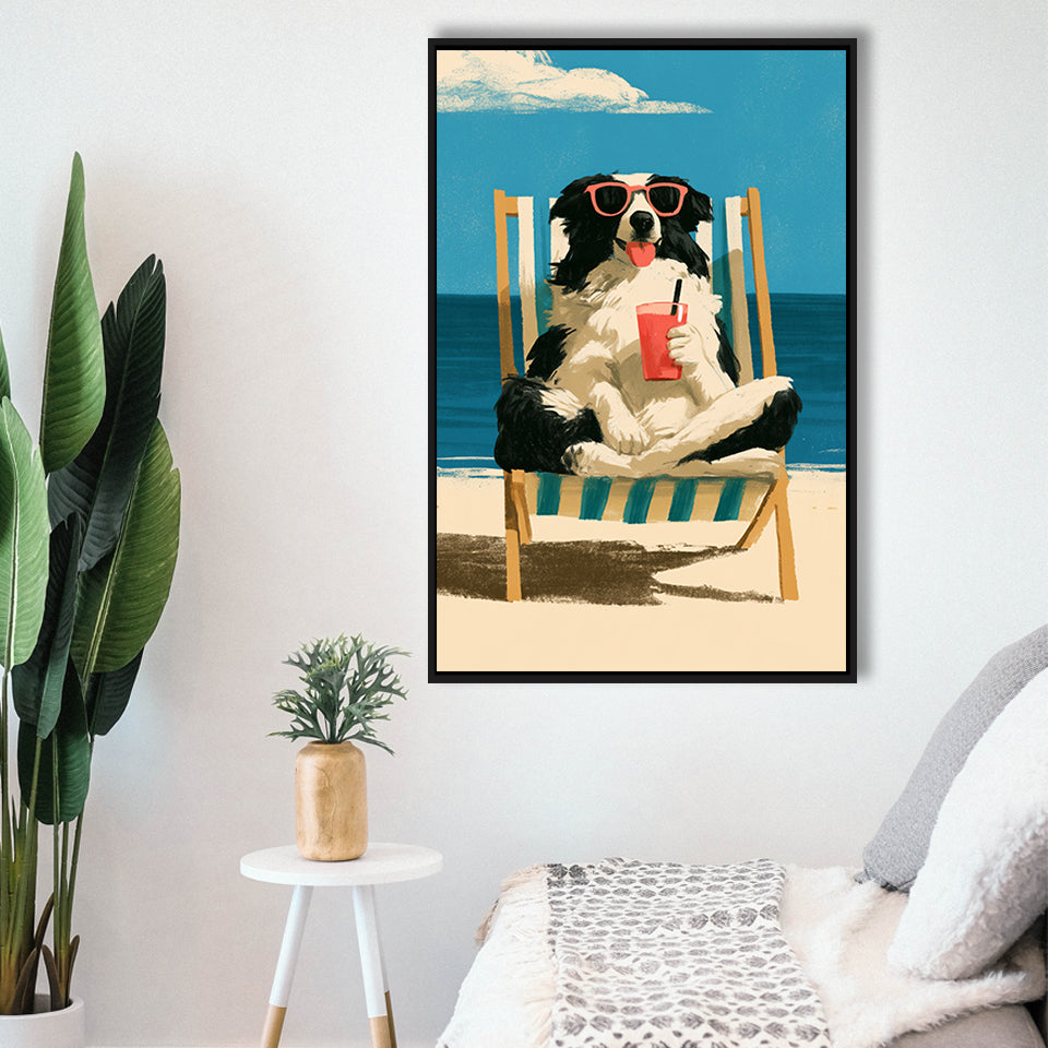 Sheepdog Funny Art, Relax Summer Time Painting, Pet Lover Painting, Framed Canvas Print, Floating Frame