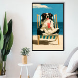 Sheepdog Funny Art, Relax Summer Time Painting, Pet Lover Painting, Framed Canvas Print, Floating Frame
