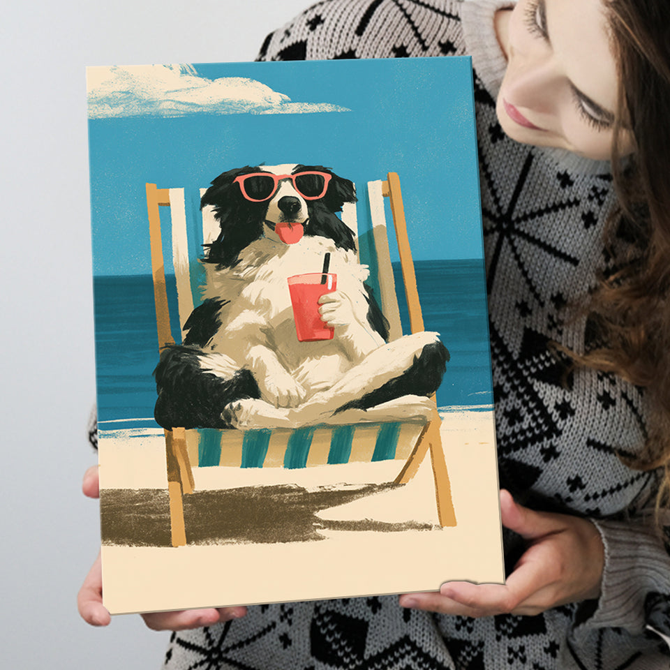 Sheepdog Funny Art, Relax Summer Time Painting, Pet Lover Painting, Canvas Print Wall Art, Wall Decor