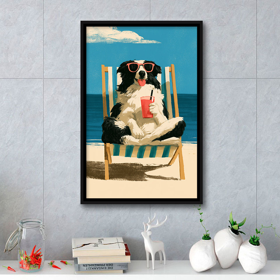 Sheepdog Funny Art, Relax Summer Time Painting, Pet Lover Painting, Framed Canvas Print, Floating Frame