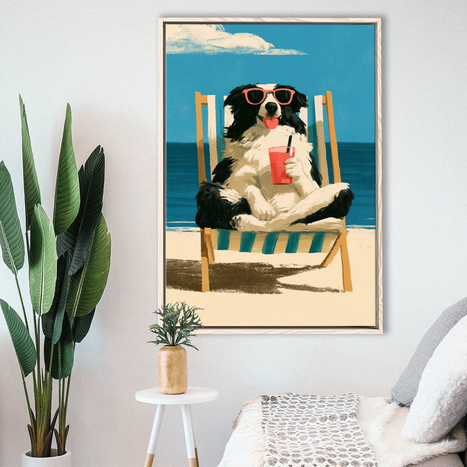 Sheepdog Funny Art, Relax Summer Time Painting, Pet Lover Painting, Framed Canvas Print, Floating Frame