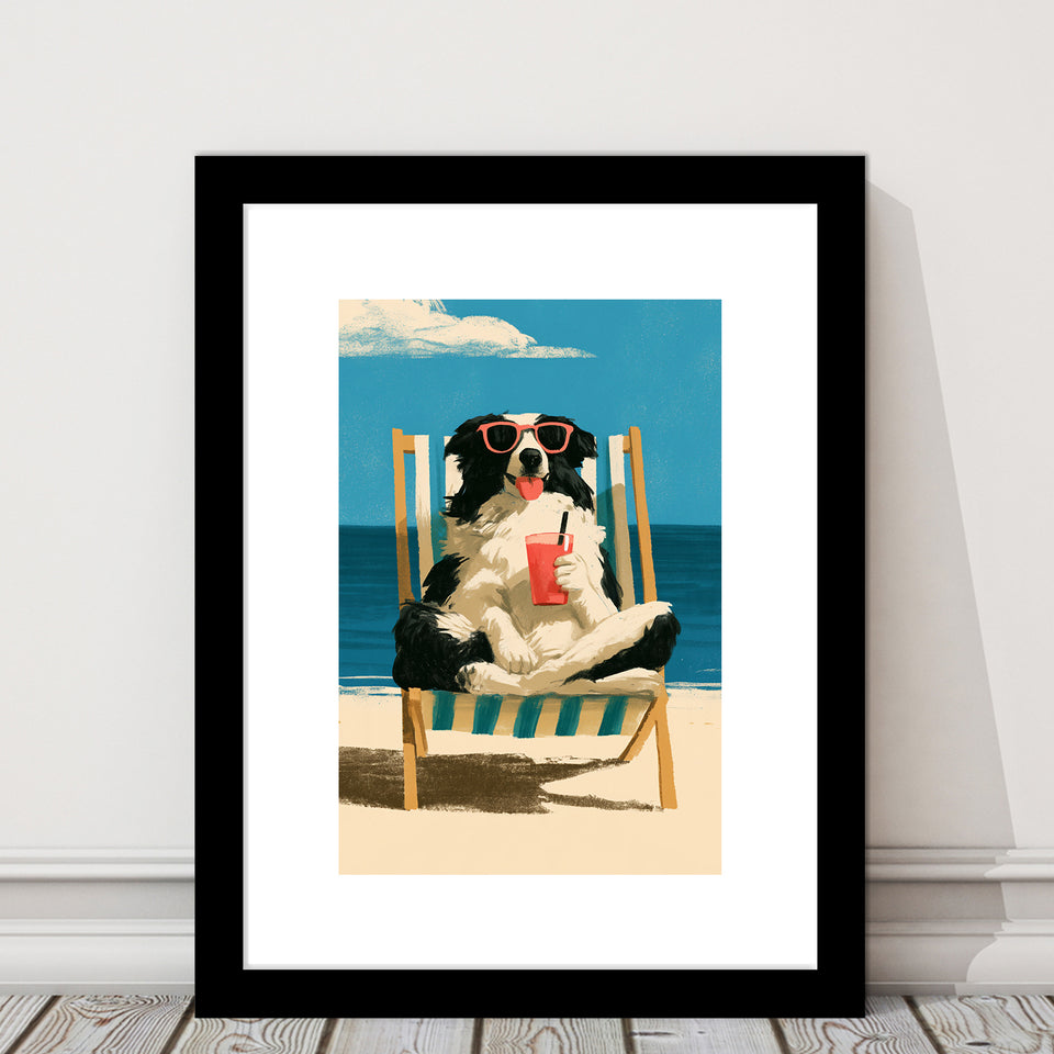 Sheepdog Funny Art, Relax Summer Time Painting, Pet Lover Painting, Framed Art Print White Border