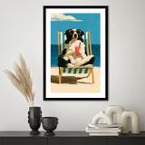 Sheepdog Funny Art, Relax Summer Time Painting, Pet Lover Painting, Framed Art Print White Border