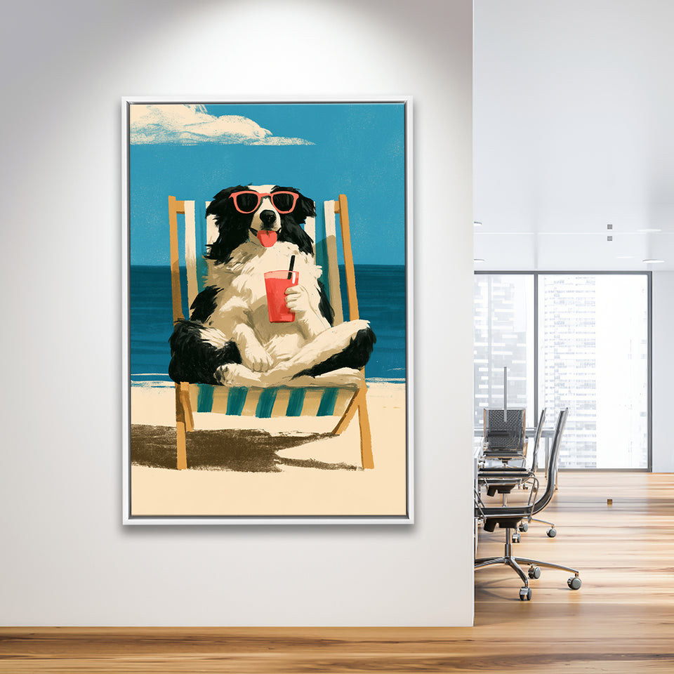 Sheepdog Funny Art, Relax Summer Time Painting, Pet Lover Painting, Framed Canvas Print, Floating Frame