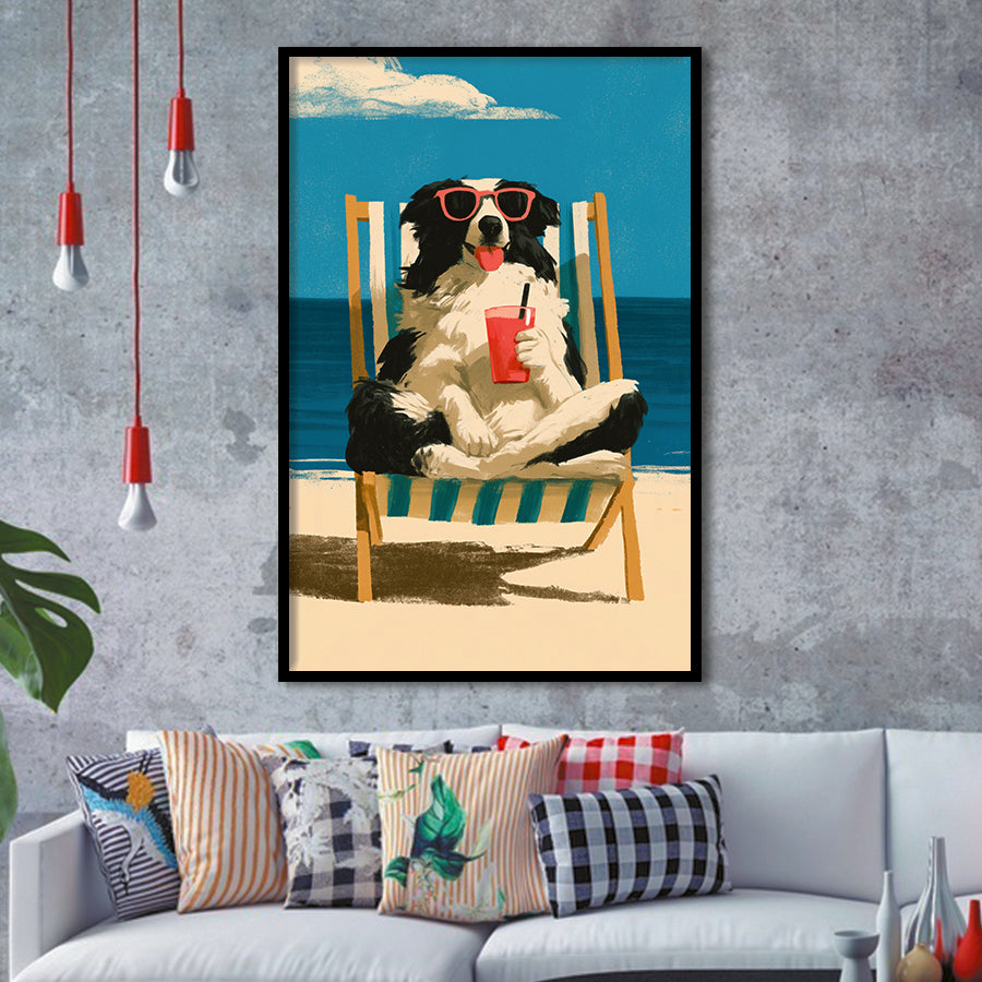 Sheepdog Funny Art, Relax Summer Time Painting, Pet Lover Painting, Framed Art Print, Fine Art Wall Decor