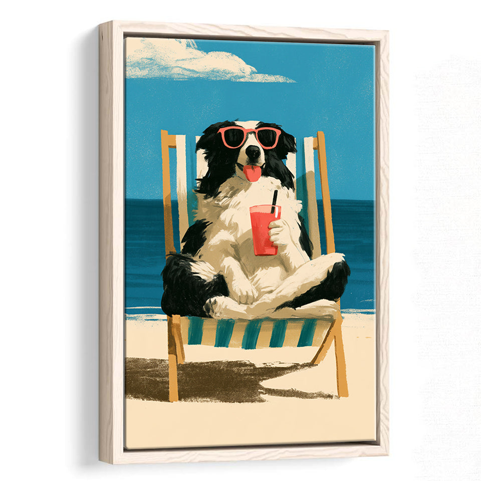Sheepdog Funny Art, Relax Summer Time Painting, Pet Lover Painting, Framed Canvas Print, Floating Frame