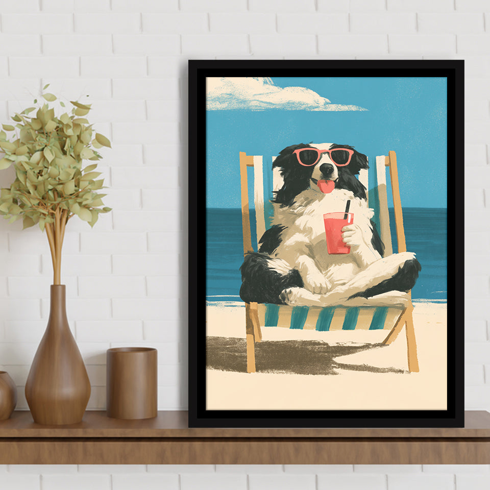 Sheepdog Funny Art, Relax Summer Time Painting, Pet Lover Painting, Framed Canvas Print, Floating Frame