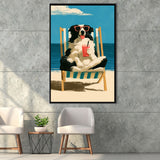 Sheepdog Funny Art, Relax Summer Time Painting, Pet Lover Painting, Framed Canvas Print, Floating Frame