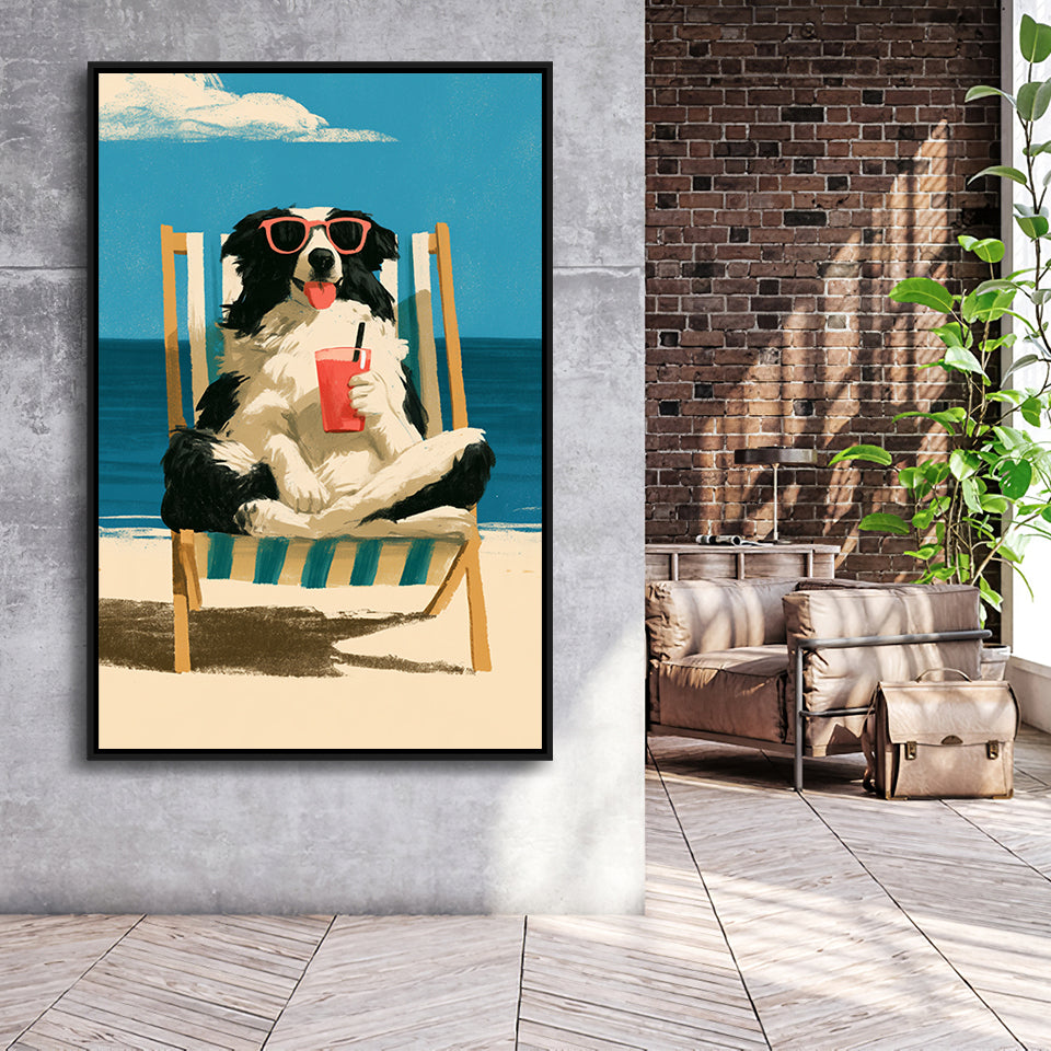 Sheepdog Funny Art, Relax Summer Time Painting, Pet Lover Painting, Framed Canvas Print, Floating Frame