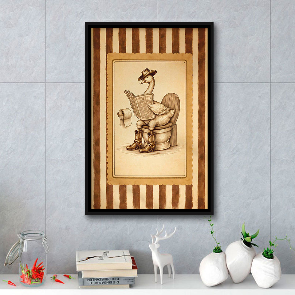 Silly Cowboy Goose Bathroom Wall Art Print, Funny Western Duck, Silly Goose Nursery Decor, Framed Canvas Print, Floating Frame