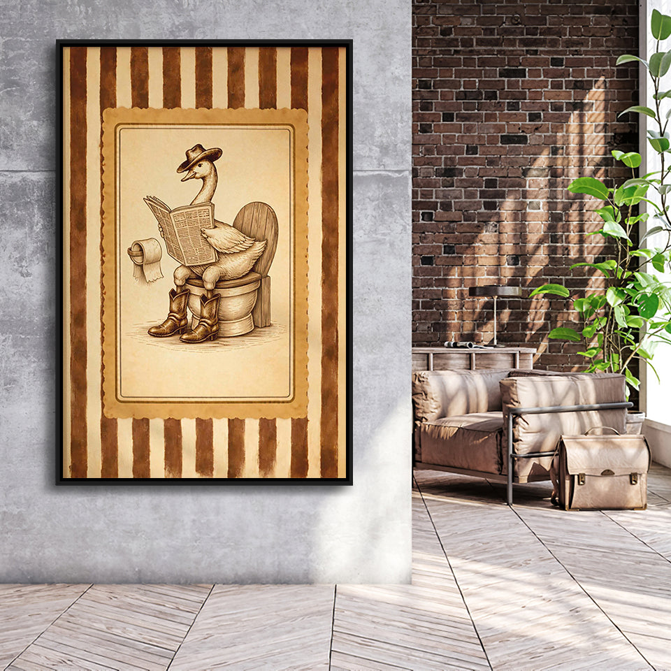 Silly Cowboy Goose Bathroom Wall Art Print, Funny Western Duck, Silly Goose Nursery Decor, Framed Canvas Print, Floating Frame
