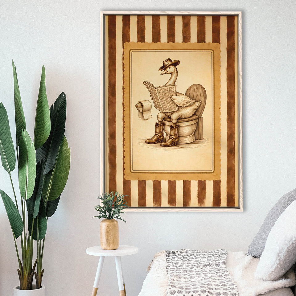 Silly Cowboy Goose Bathroom Wall Art Print, Funny Western Duck, Silly Goose Nursery Decor, Framed Canvas Print, Floating Frame