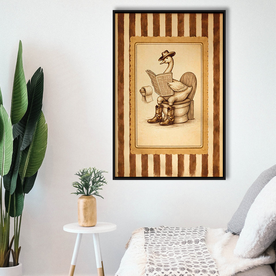 Silly Cowboy Goose Bathroom Wall Art Print, Funny Western Duck, Silly Goose Nursery Decor, Framed Canvas Print, Floating Frame