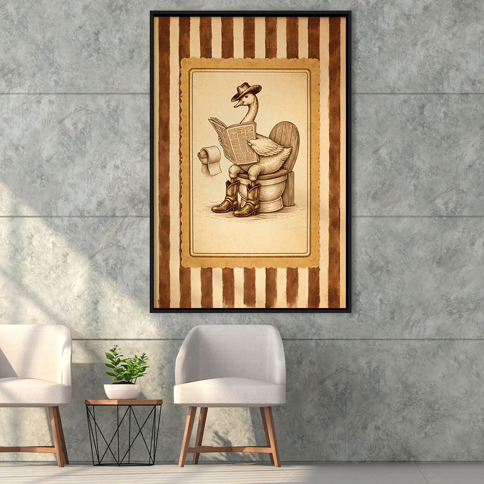 Silly Cowboy Goose Bathroom Wall Art Print, Funny Western Duck, Silly Goose Nursery Decor, Framed Canvas Print, Floating Frame