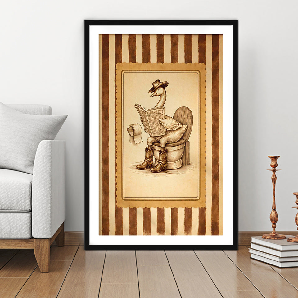 Silly Cowboy Goose Bathroom Wall Art Print, Funny Western Duck, Silly Goose Nursery Decor, Framed Art Print White Border