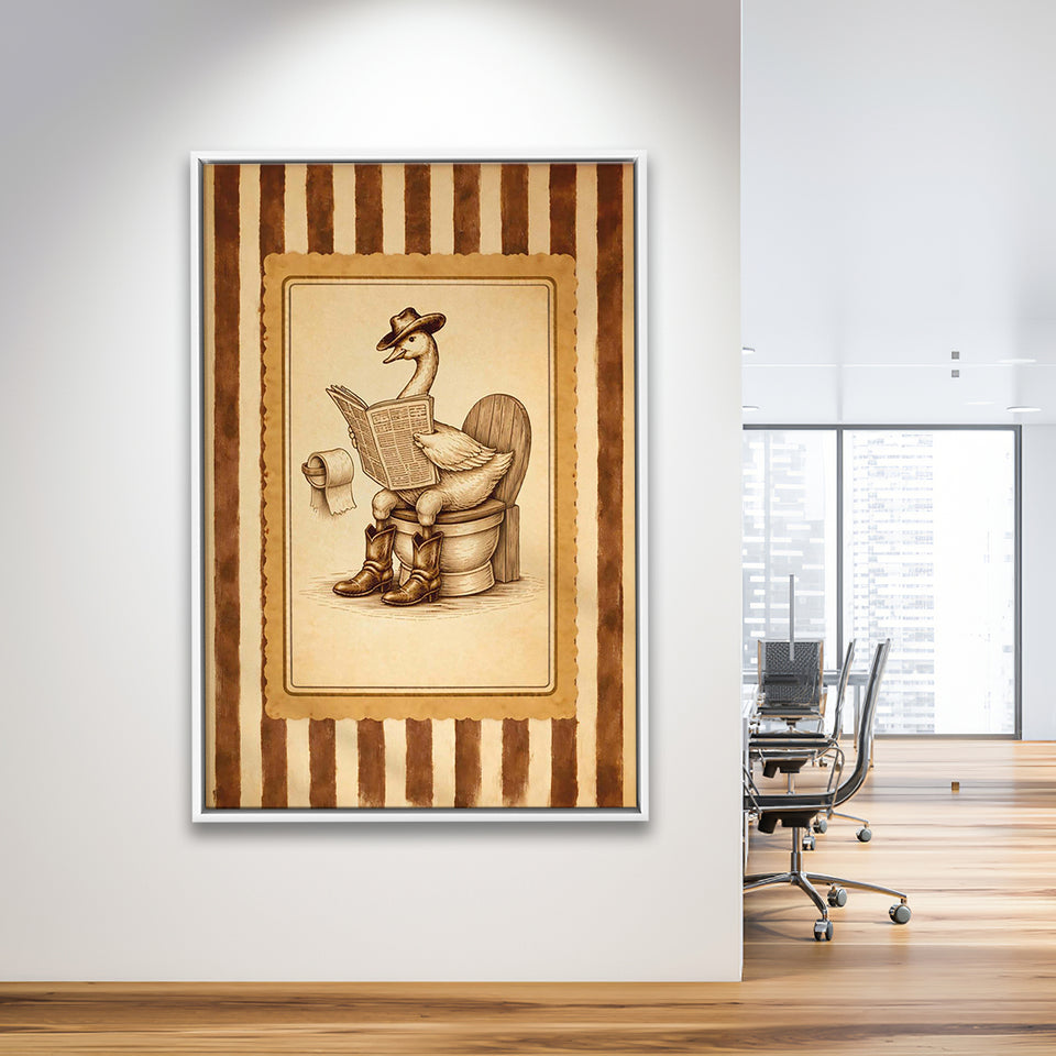 Silly Cowboy Goose Bathroom Wall Art Print, Funny Western Duck, Silly Goose Nursery Decor, Framed Canvas Print, Floating Frame