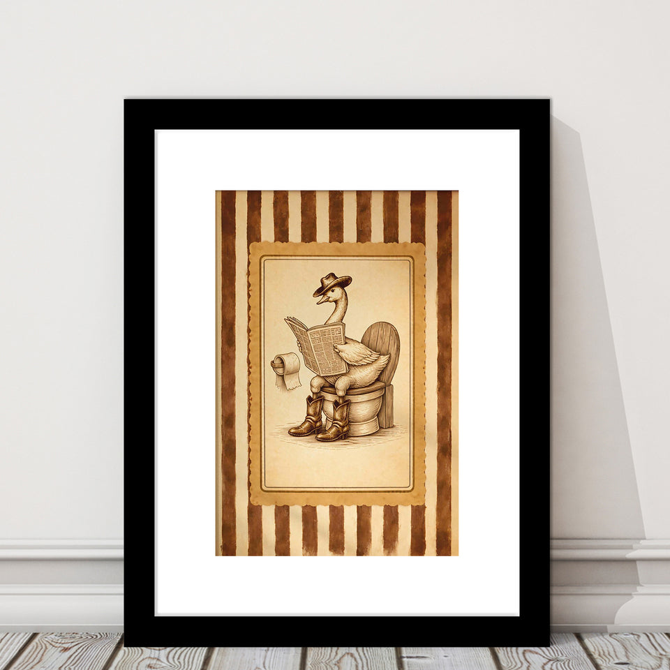 Silly Cowboy Goose Bathroom Wall Art Print, Funny Western Duck, Silly Goose Nursery Decor, Framed Art Print White Border