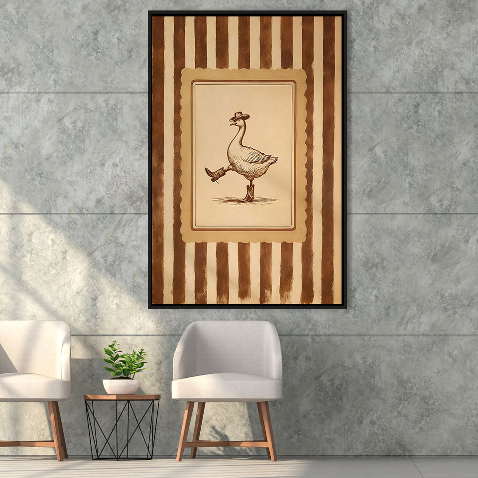 Silly Cowboy Goose Wall Art Print, Western Dancing Duck, Rustic Vintage Cowboy, Framed Canvas Print, Floating Frame