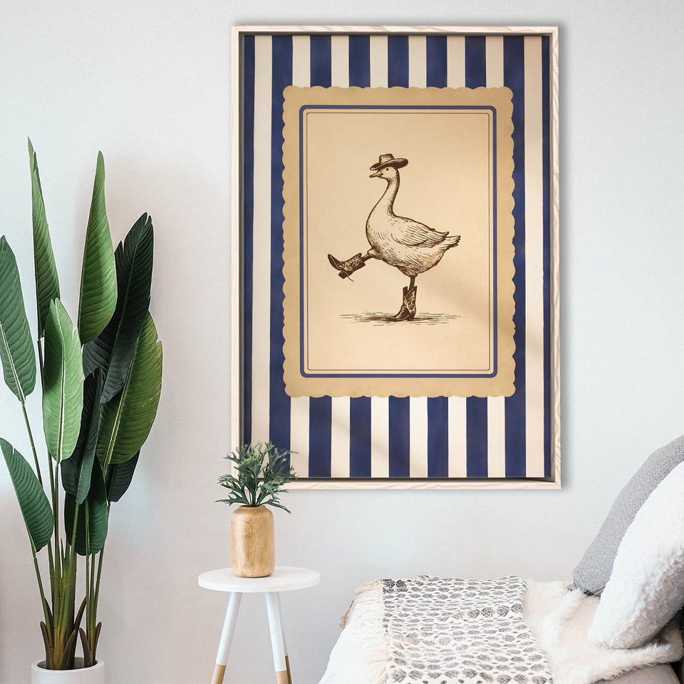 Silly Cowboy Goose Wall Art, Funny Western Dancing Duck, Rustic Vintage Cowboy Artwork, Framed Canvas Print, Floating Frame