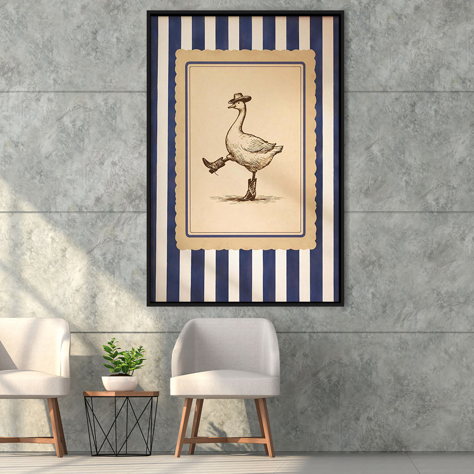 Silly Cowboy Goose Wall Art, Funny Western Dancing Duck, Rustic Vintage Cowboy Artwork, Framed Canvas Print, Floating Frame