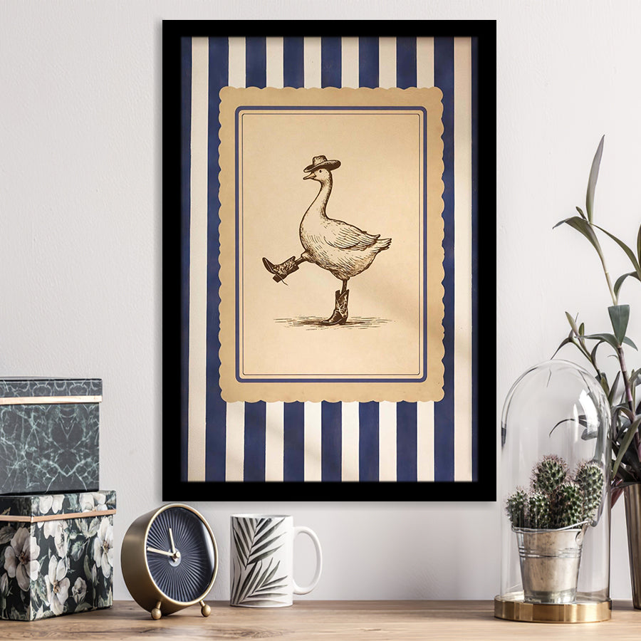 Silly Cowboy Goose Wall Art, Funny Western Dancing Duck, Rustic Vintage Cowboy Artwork, Framed Art Print, Fine Art Wall Decor
