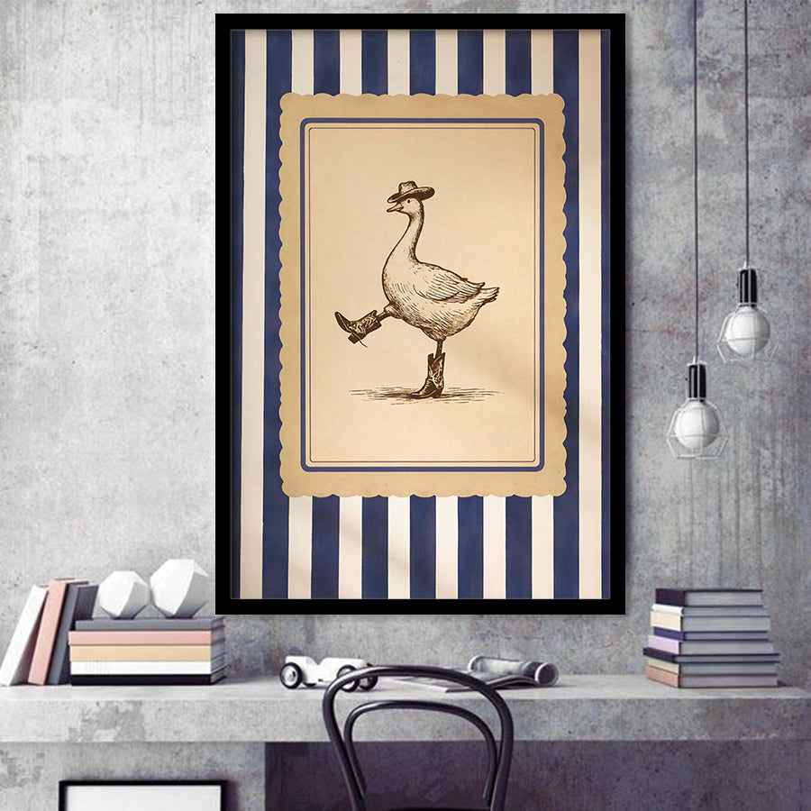 Silly Cowboy Goose Wall Art, Funny Western Dancing Duck, Rustic Vintage Cowboy Artwork, Framed Art Print, Fine Art Wall Decor