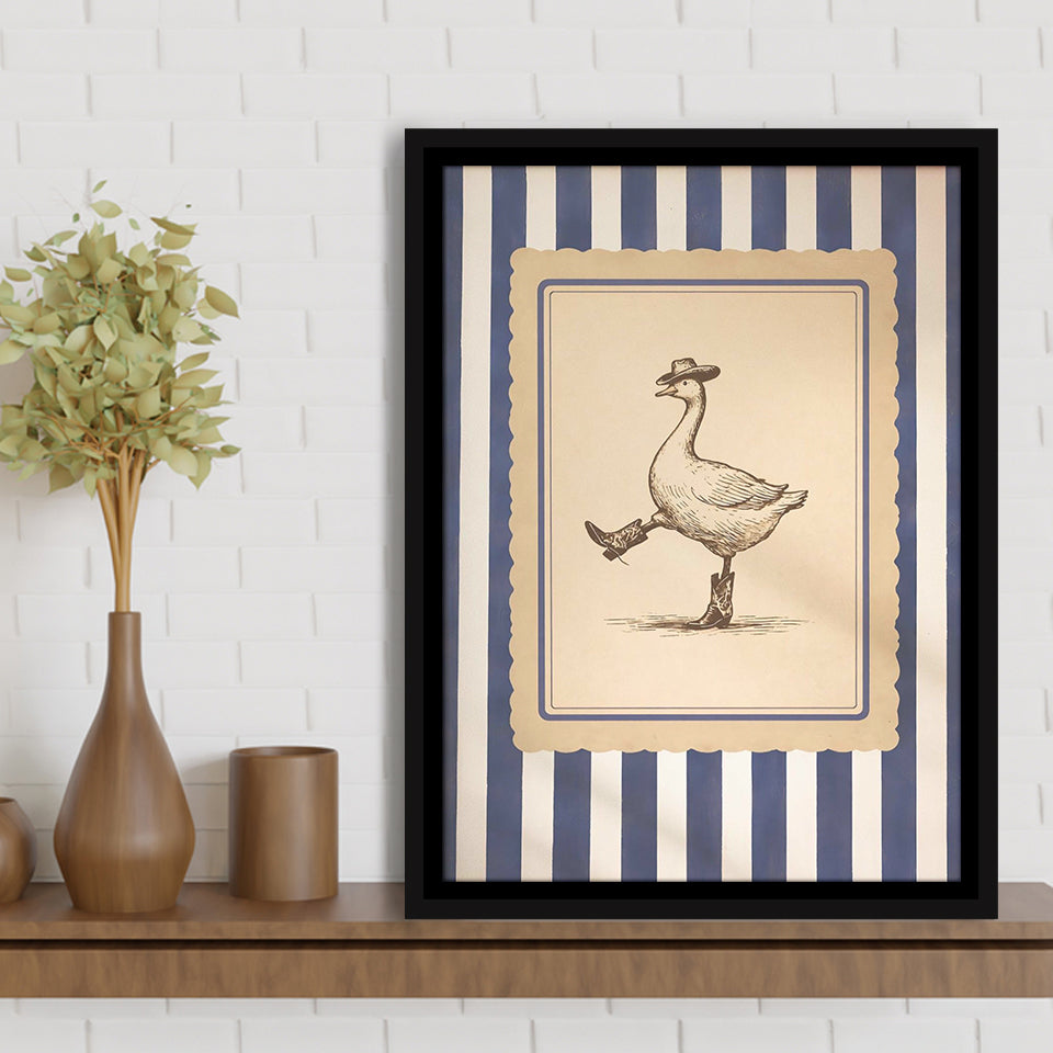 Silly Cowboy Goose Wall Art, Funny Western Dancing Duck, Rustic Vintage Cowboy Artwork, Framed Canvas Print, Floating Frame