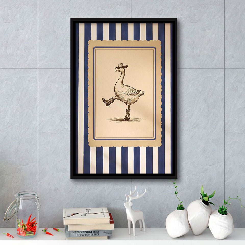 Silly Cowboy Goose Wall Art, Funny Western Dancing Duck, Rustic Vintage Cowboy Artwork, Framed Canvas Print, Floating Frame