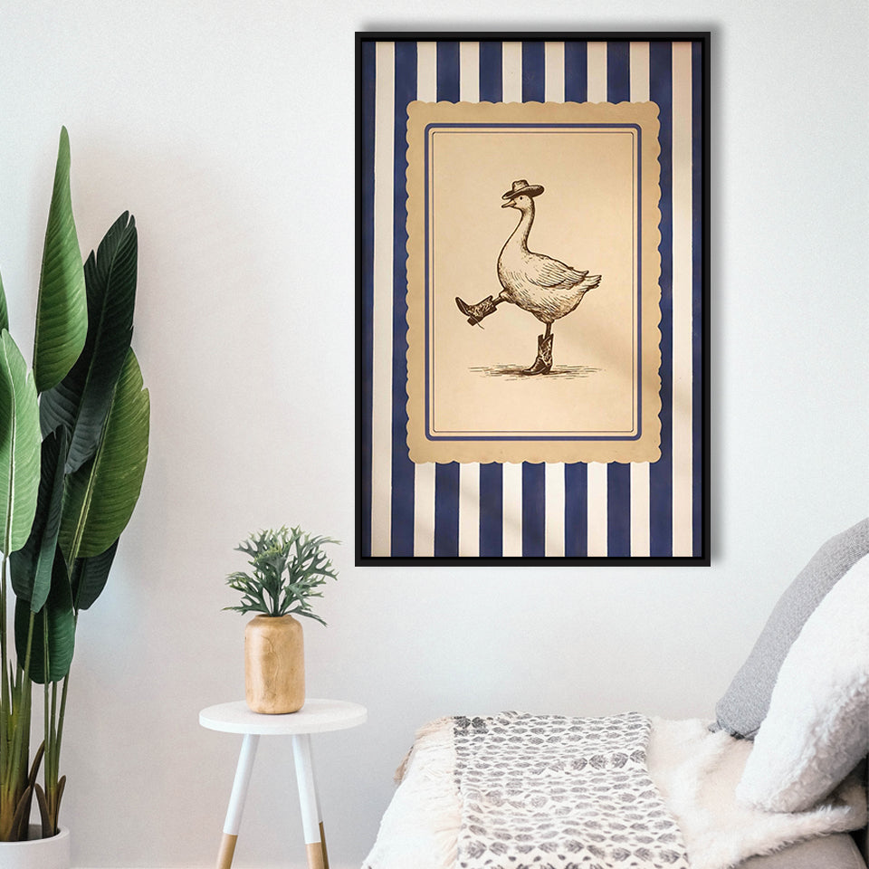 Silly Cowboy Goose Wall Art, Funny Western Dancing Duck, Rustic Vintage Cowboy Artwork, Framed Canvas Print, Floating Frame