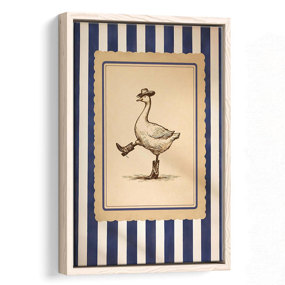 Silly Cowboy Goose Wall Art, Funny Western Dancing Duck, Rustic Vintage Cowboy Artwork, Framed Canvas Print, Floating Frame